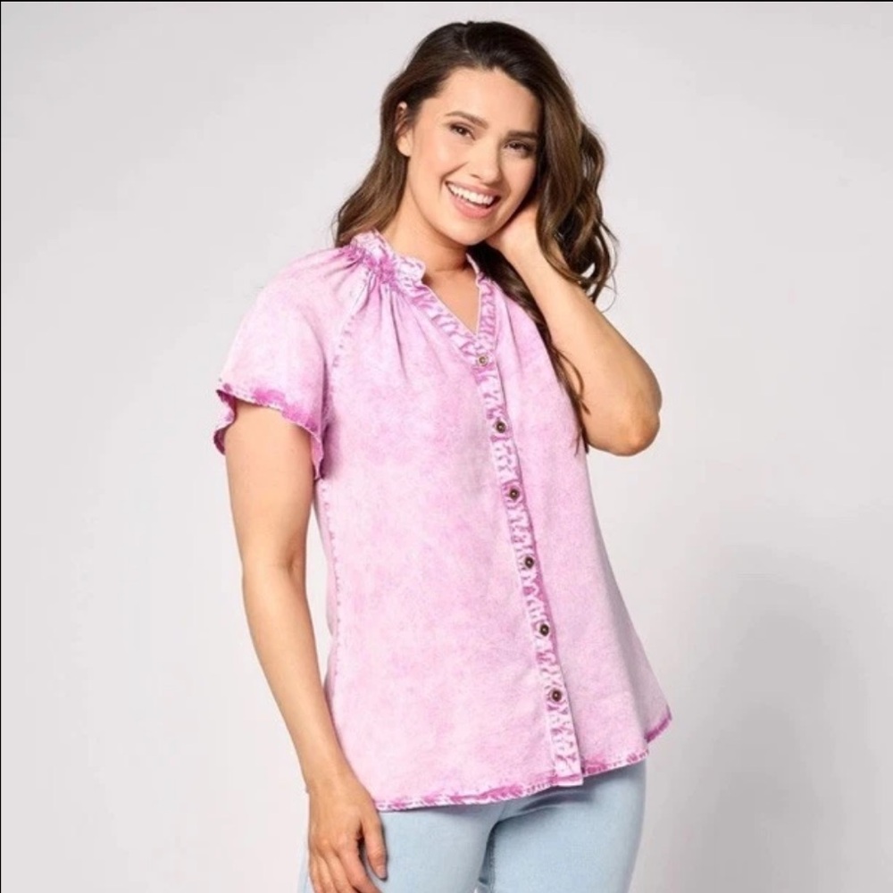 Women's Purple 5X Anybody QVC Button-Up Top Acid Wash Flutter Sleeve Blouse